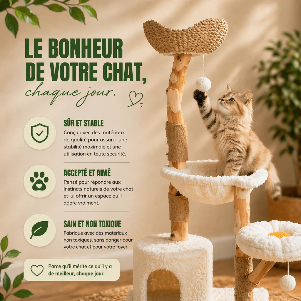 Arbre à Chat en Bois Flotté 150 cm – Design Luxe, Stable & Multiniveaux pour 5 Chats