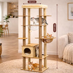 Arbre à Chat Design Bois 180 cm – Stable Multiniveaux avec Hamac, Niche et Griffoirs pour 5 Chats
