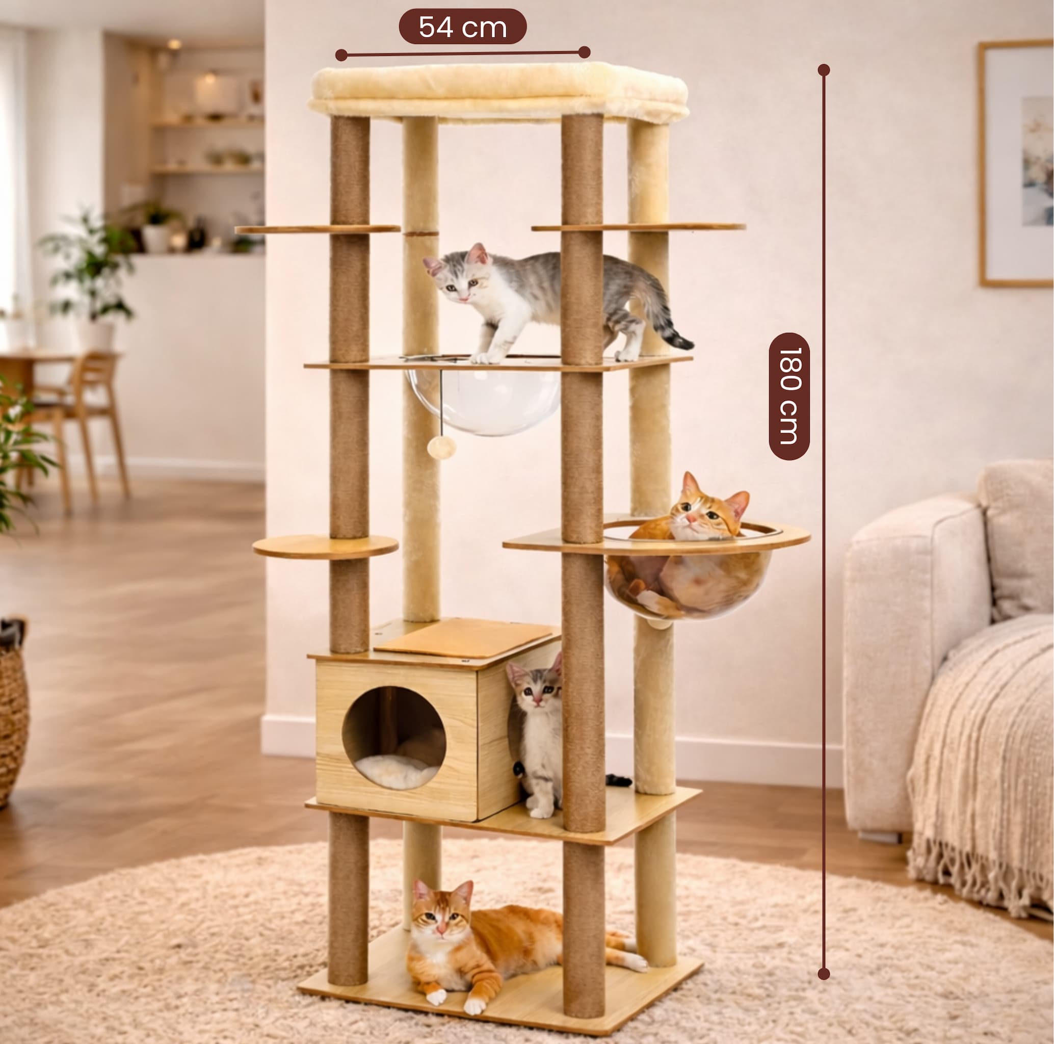 Arbre à Chat Design Bois 180 cm – Stable Multiniveaux avec Hamac, Niche et Griffoirs pour 5 Chats