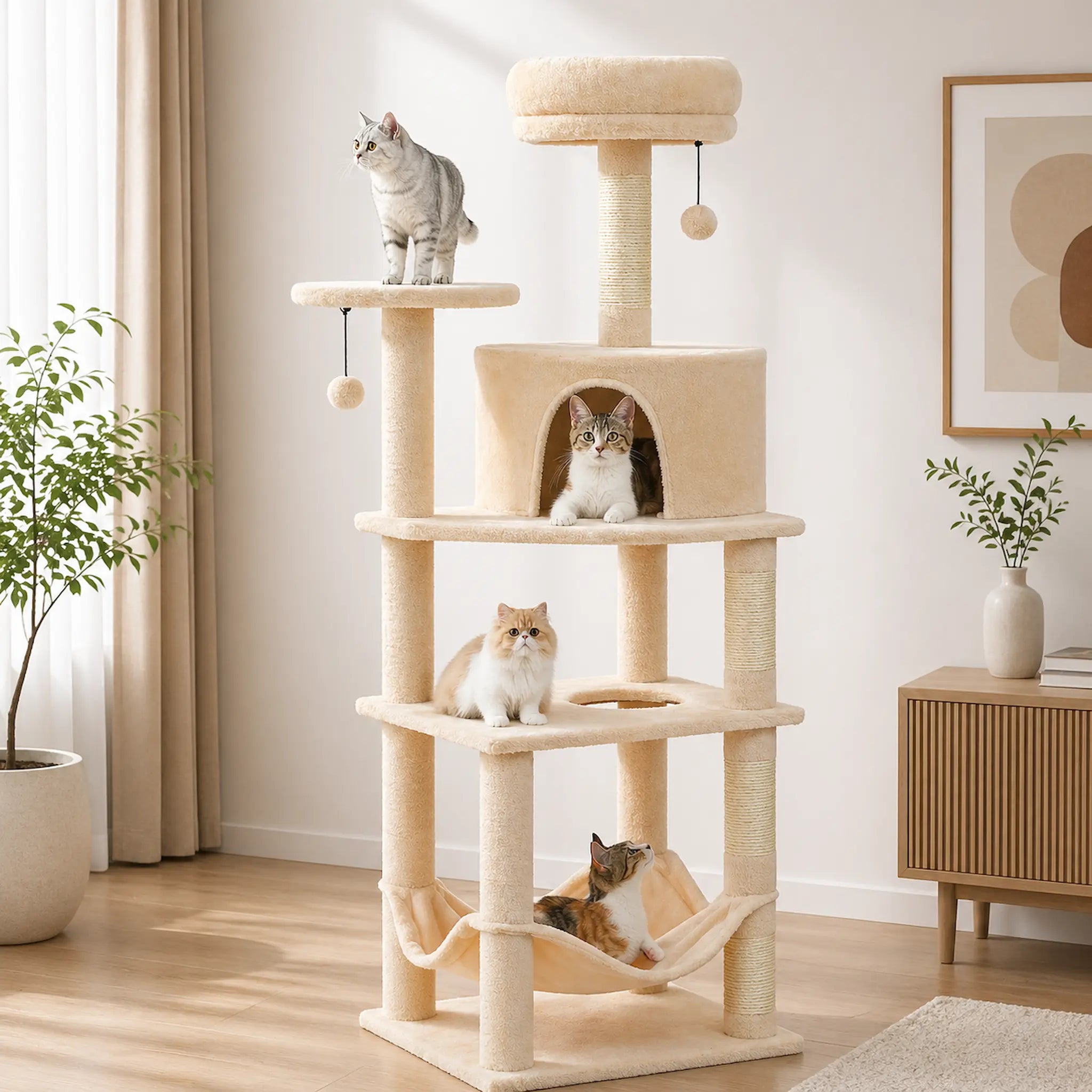 Arbre à Chat XXL Beige 140 cm – 6 Niveaux Stable avec Hamac Extra-Large & Niche