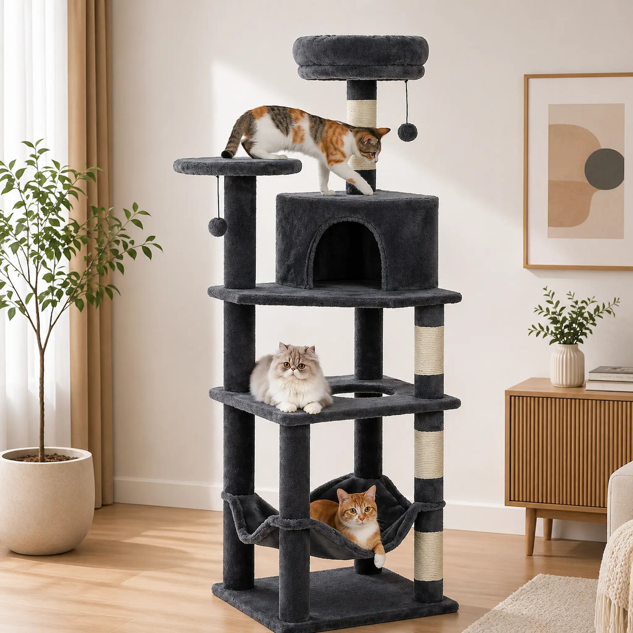 Arbre à Chat XXL Beige 140 cm – 6 Niveaux Stable avec Hamac Extra-Large & Niche