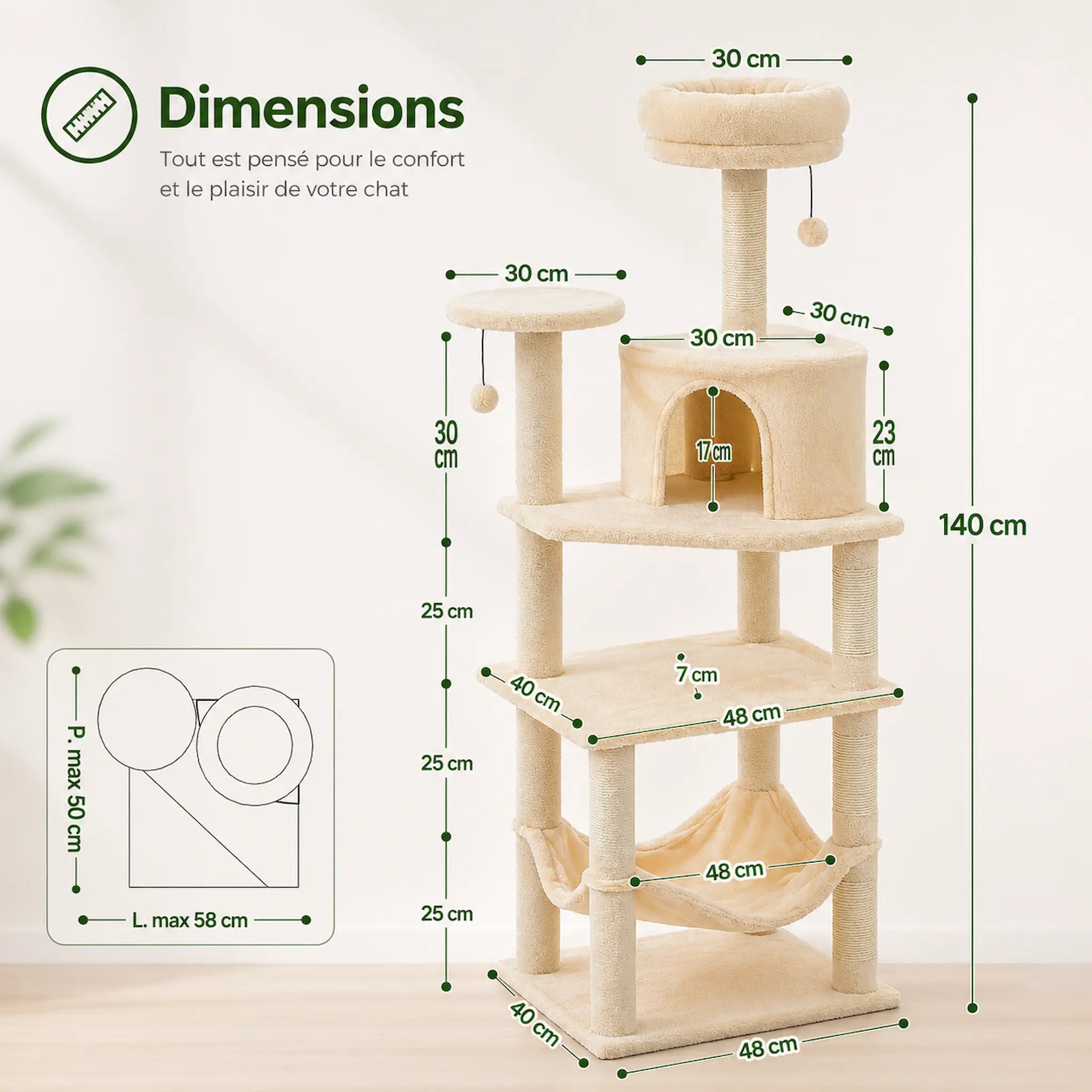 Arbre à Chat XXL Beige 140 cm – 6 Niveaux Stable avec Hamac Extra-Large & Niche