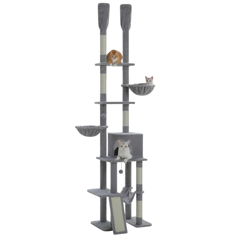 Arbre à Chat Cactus Sol-Plafond Ajustable 216–285 cm – 7 Niveaux Stable avec 3 Hamacs & Niche