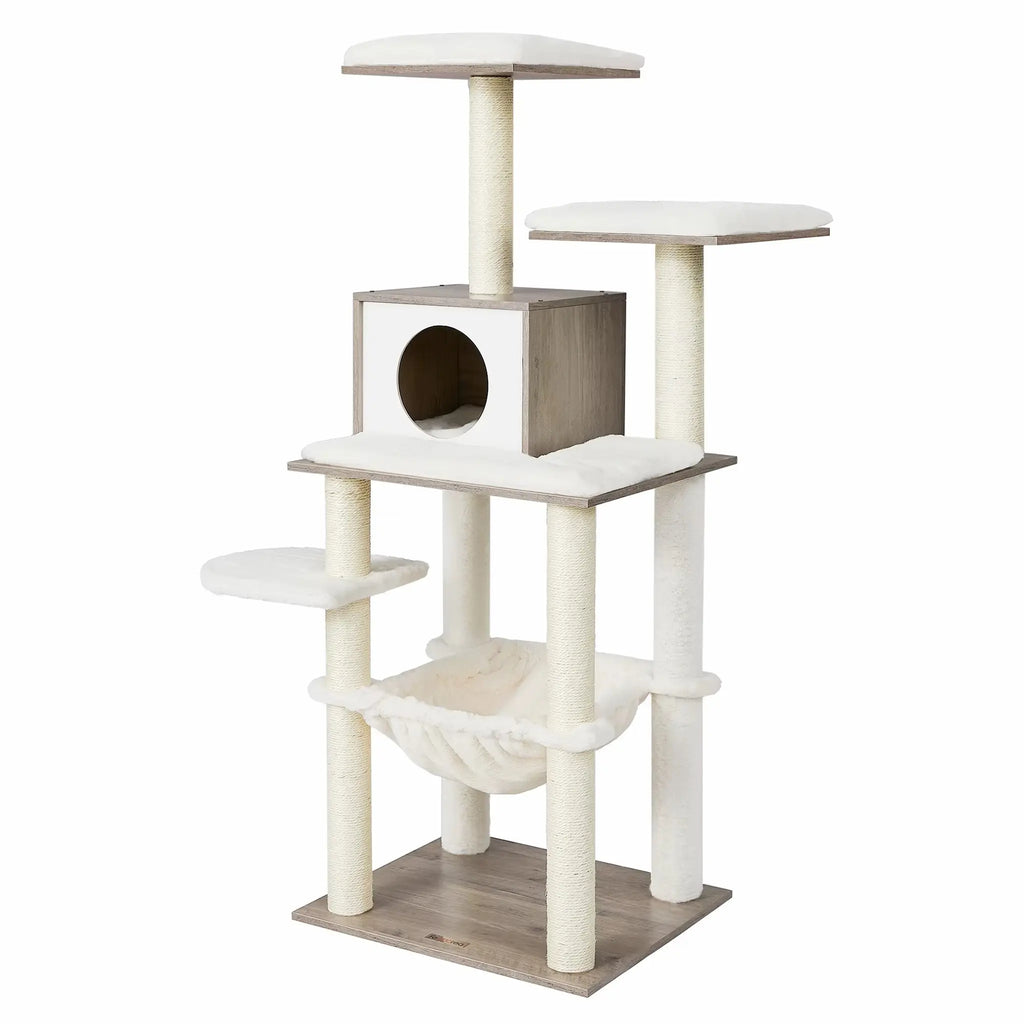 Arbre à chat design scandinave 138 cm – Stable Multiniveaux avec Hamac, Niche, Plateformes et Griffoirs Sisal
