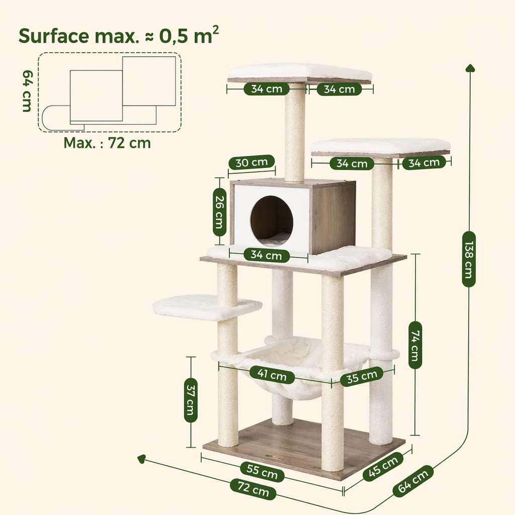 Arbre à chat design scandinave 138 cm – Stable Multiniveaux avec Hamac, Niche, Plateformes et Griffoirs Sisal