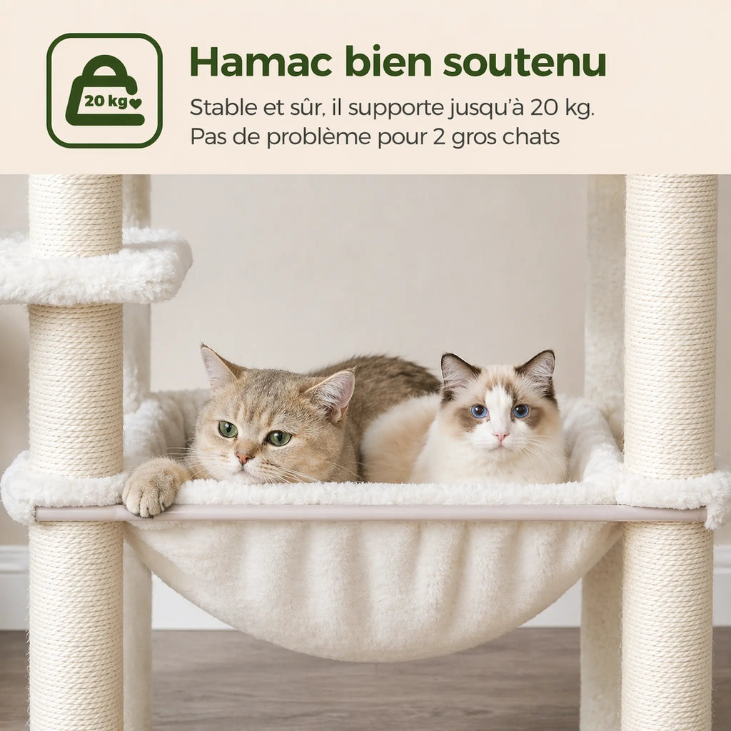 Arbre à chat design scandinave 138 cm – Stable Multiniveaux avec Hamac, Niche, Plateformes et Griffoirs Sisal