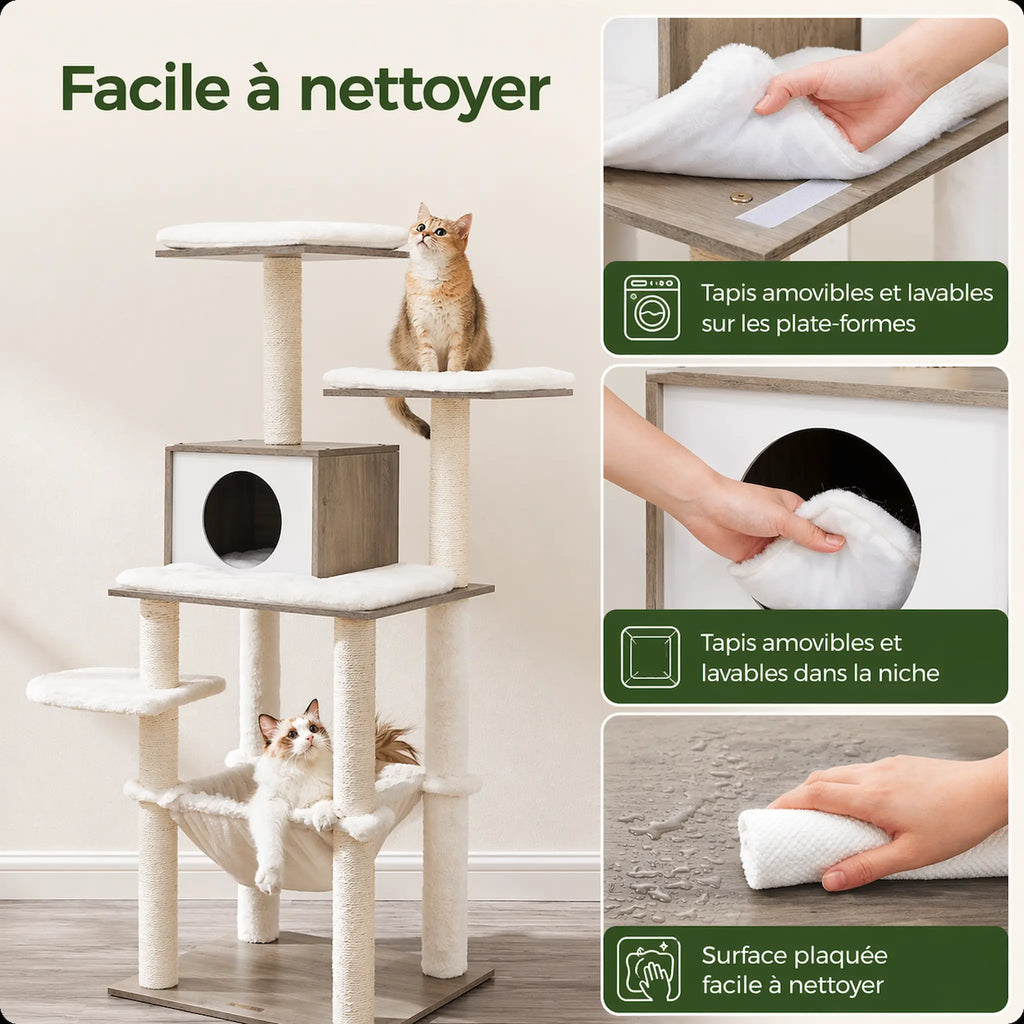 Arbre à chat design scandinave 138 cm – Stable Multiniveaux avec Hamac, Niche, Plateformes et Griffoirs Sisal