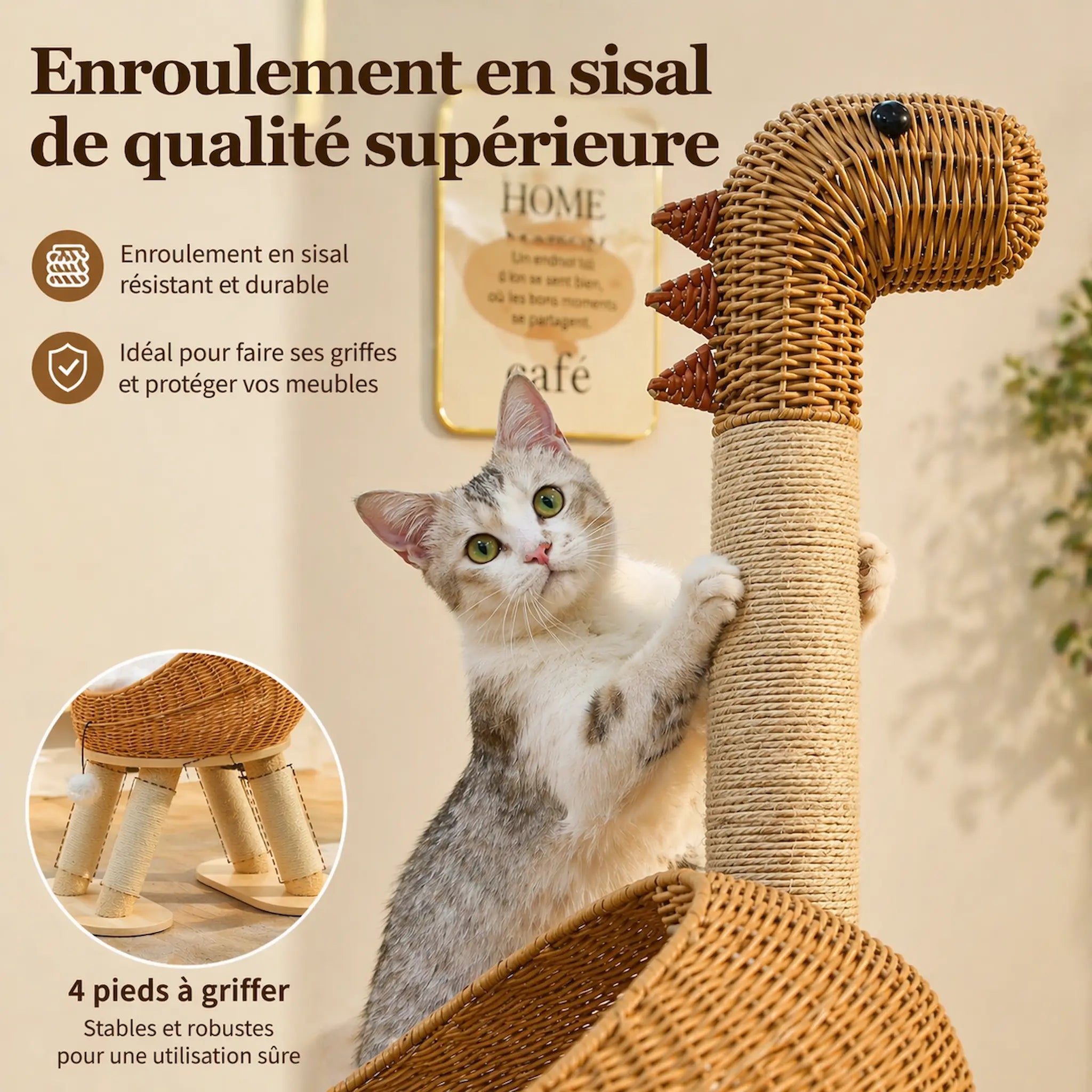 Arbre à Chat Moderne Design 116 cm – Style Dino, Stable 3 Niveaux avec Panier Rotin, Griffoirs Sisal et Niche