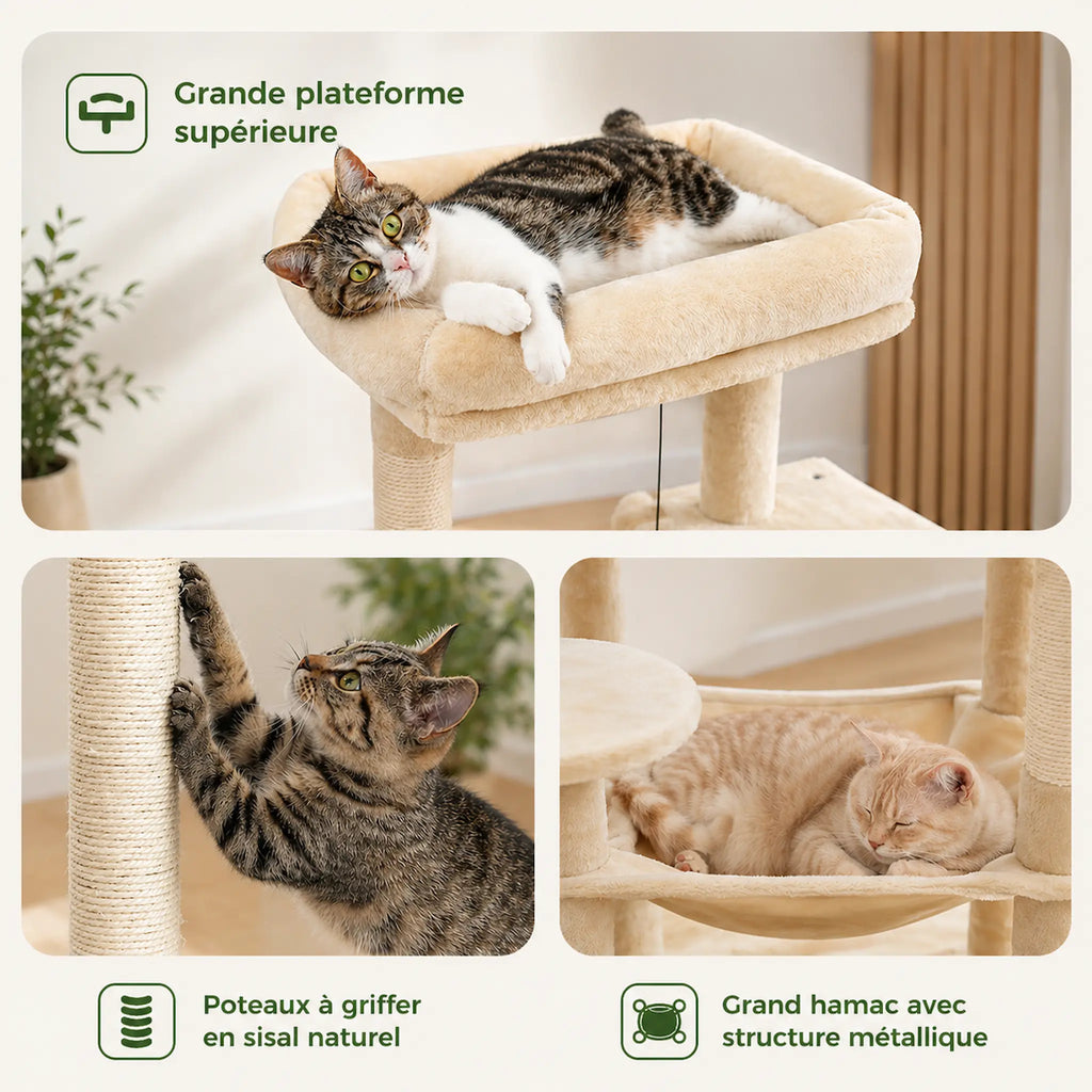 Arbre à Chat XXL Solide 143 cm – Ultra Stable 5 Niveaux avec Hamac XL, Niche et Griffoirs Sisal
