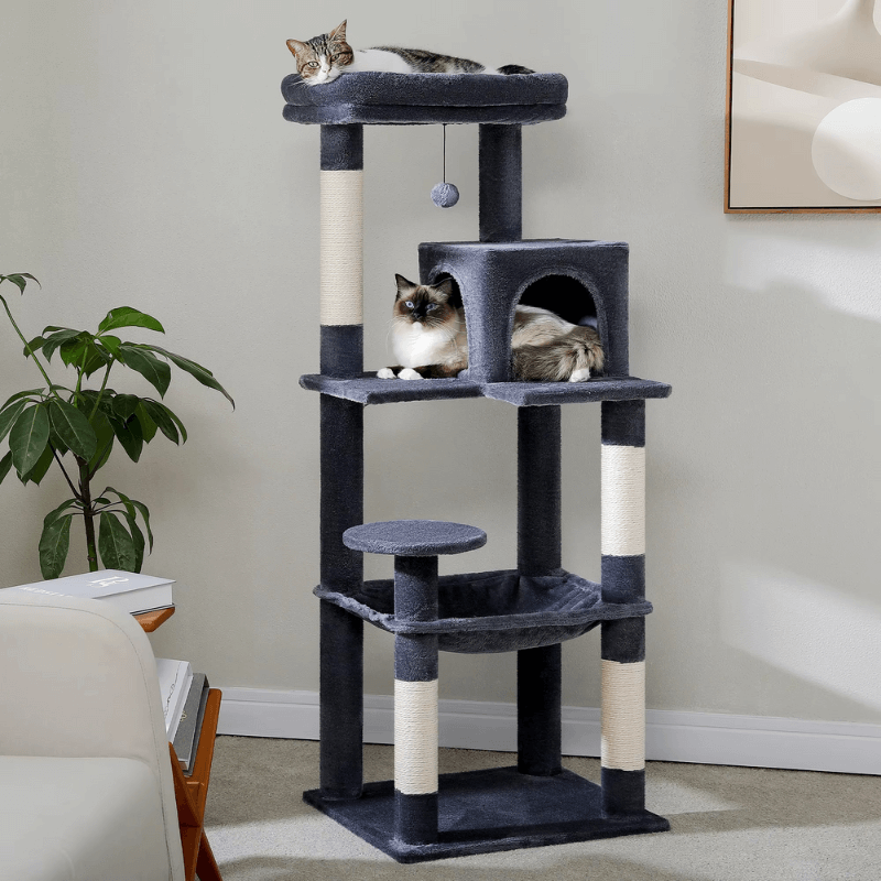 Arbre à Chat 143 cm Stable – 5 Niveaux avec Hamac XL & Niche – Idéal Grands Chats
