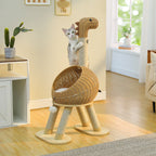 Arbre à Chat Moderne Design 116 cm – Style Dino, Stable 3 Niveaux avec Panier Rotin, Griffoirs Sisal et Niche