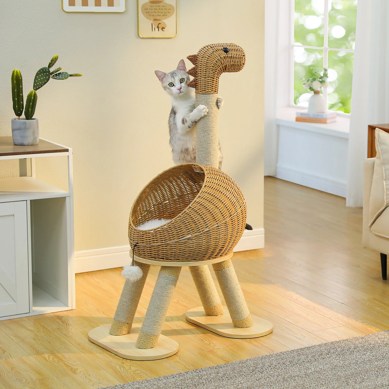 Arbre à Chat Moderne Design 116 cm – Style Dino, Stable 3 Niveaux avec Panier Rotin, Griffoirs Sisal et Niche