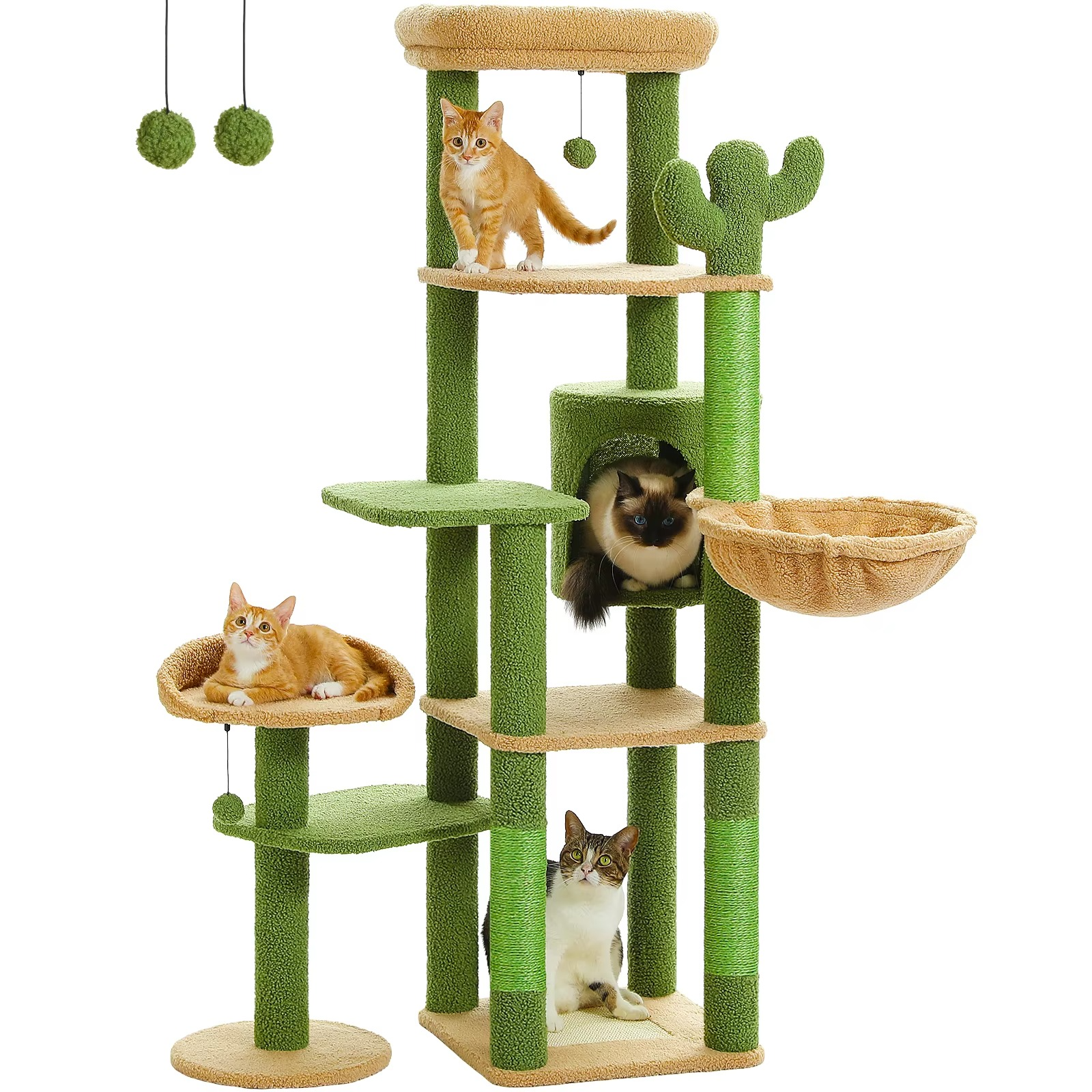 Arbre à Chat Cactus XXL 150 cm Stable – 5 Niveaux avec Hamac & Niche – Multi-Chats