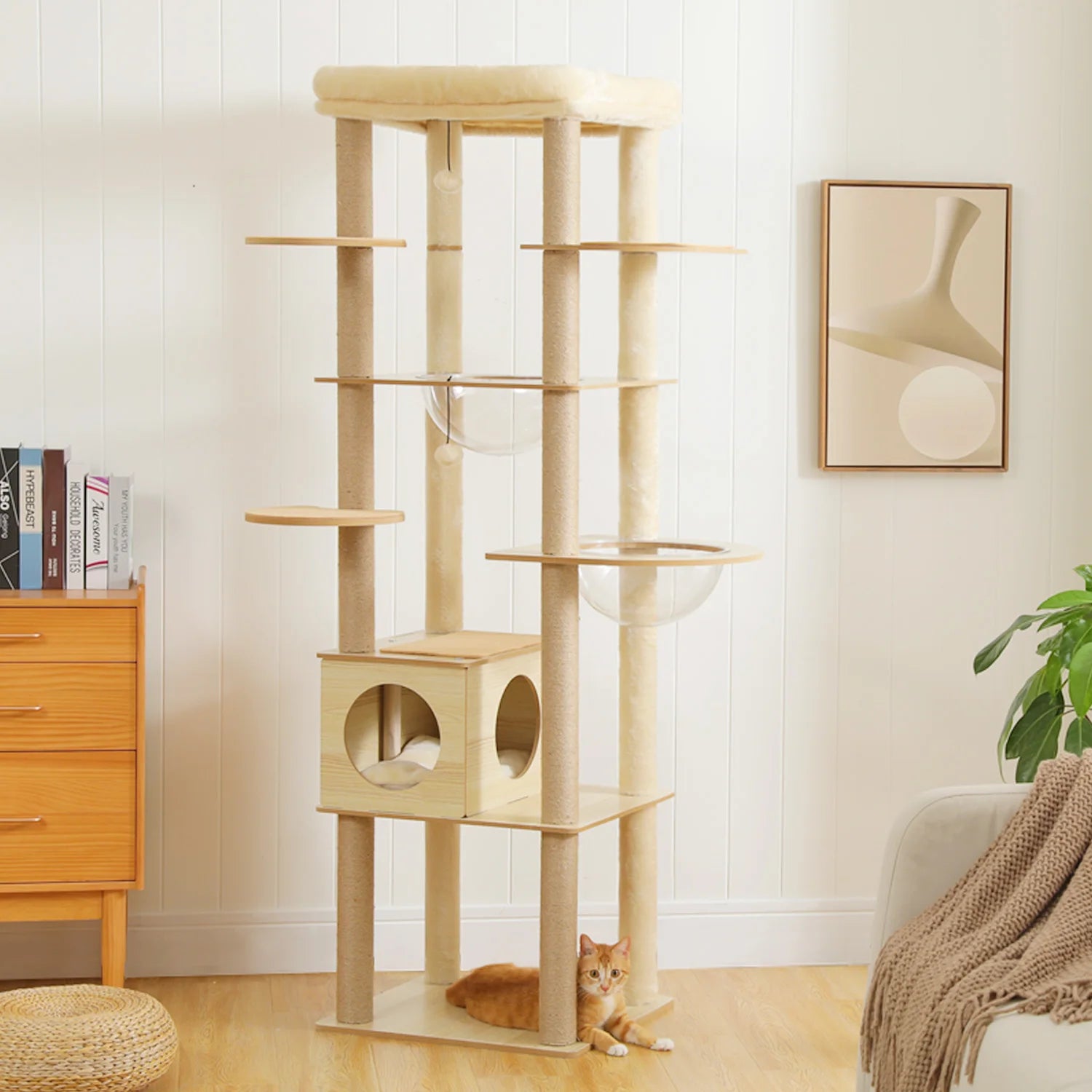 Arbre à Chat Design Bois 180 cm – Stable Multiniveaux avec Hamac, Niche et Griffoirs pour 5 Chats