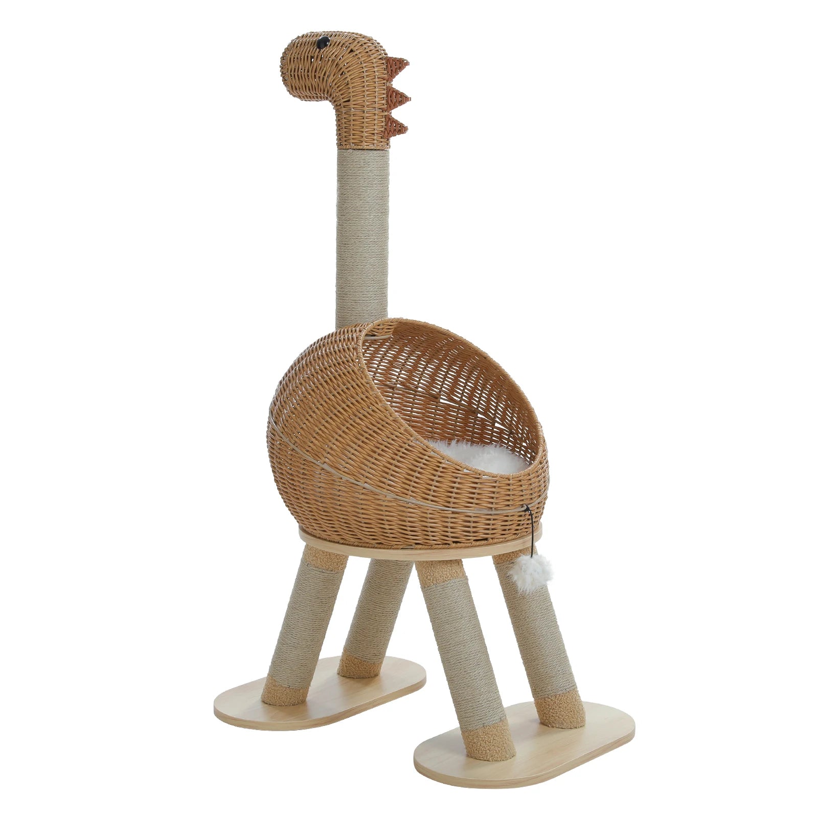Arbre à Chat Moderne Design 116 cm – Style Dino, Stable 3 Niveaux avec Panier Rotin, Griffoirs Sisal et Niche