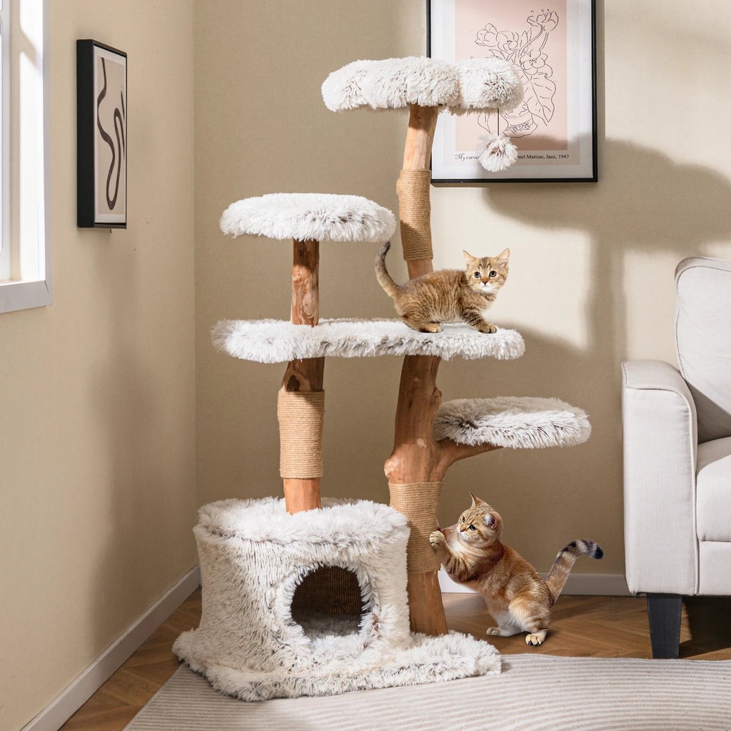 Arbre à Chat avec Panier Osier 135 cm – Design Bois Massif, Stable Multiniveaux avec Niche, Plateformes et Griffoirs