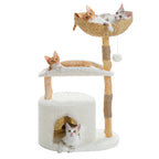 Arbre à Chat Bois Naturel 3 Niveaux – Design Moderne avec Panier Rotin, Niche Confort et Griffoirs