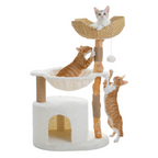 Arbre à Chat Design 3 Niveaux en Bois Massif – Panier Rotin XXL – Stable pour Grands Chats