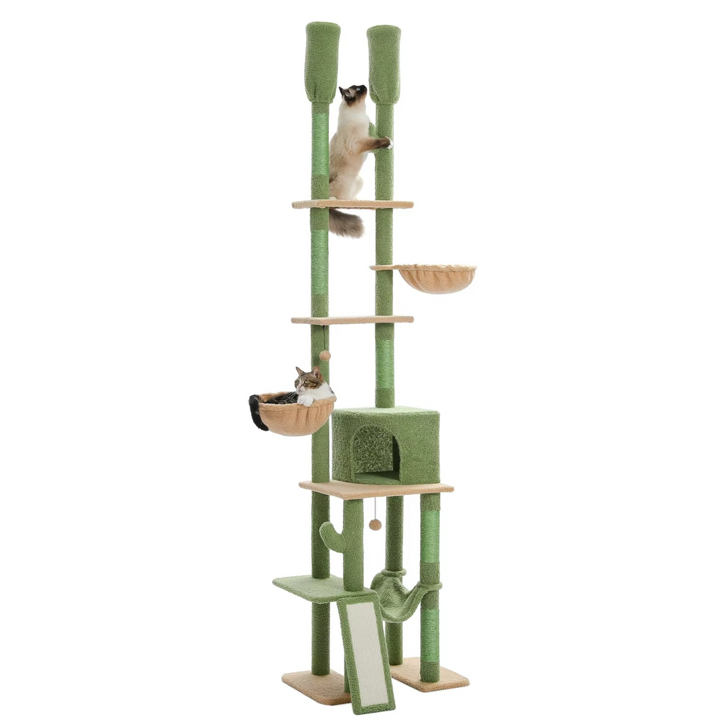 Arbre à Chat Cactus Sol-Plafond Ajustable 216–285 cm – 7 Niveaux Stable avec 3 Hamacs & Niche