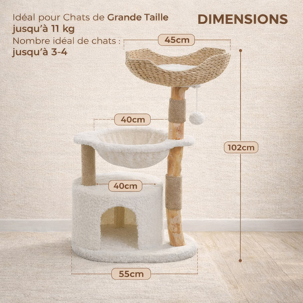Dimensions arbre à chat en bois massif 102cm – panier rotin 45cm – niche 40cm – idéal grands chats jusqu'à 11kg