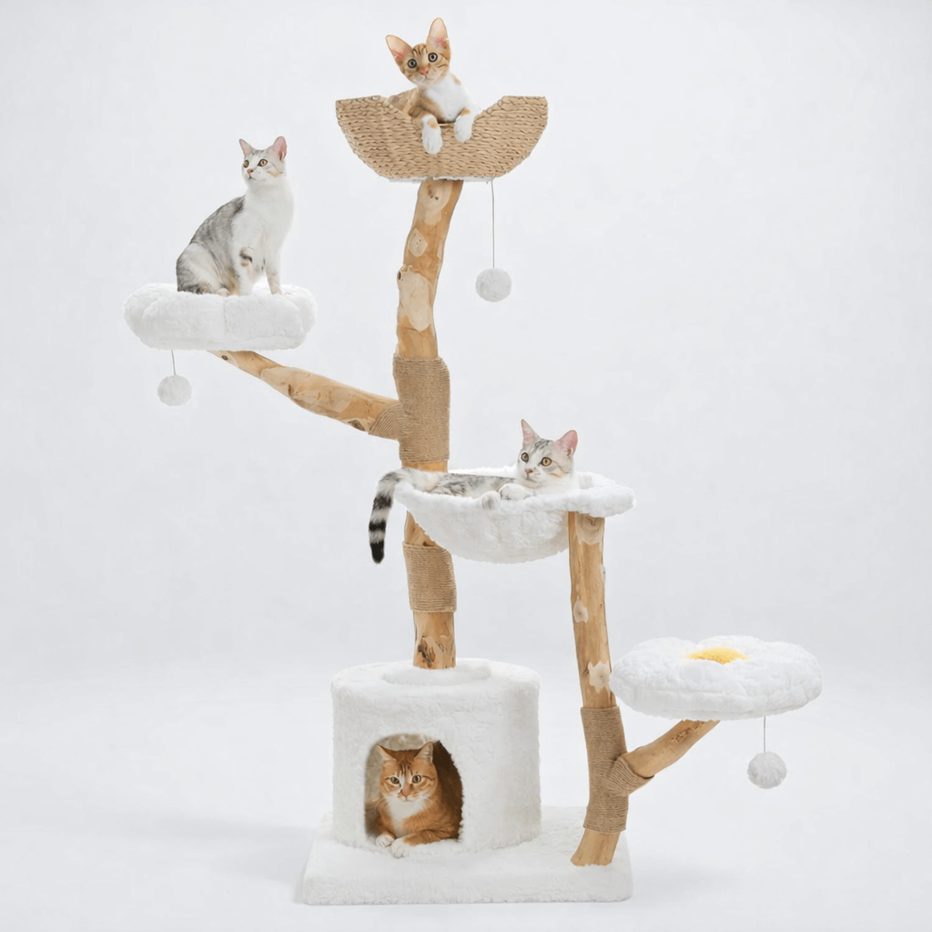 Arbre à Chat Design Bois 150 cm Multiniveaux – Panier Rotin, Hamac & Griffoirs