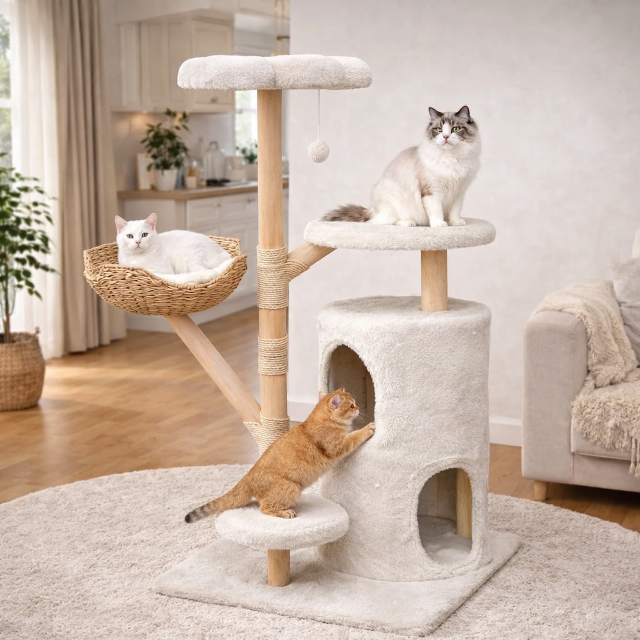Arbre à Chat Design Luxe 142 cm – Bois Naturel, Stable Multiniveaux avec Niche, Perchoir et Griffoirs