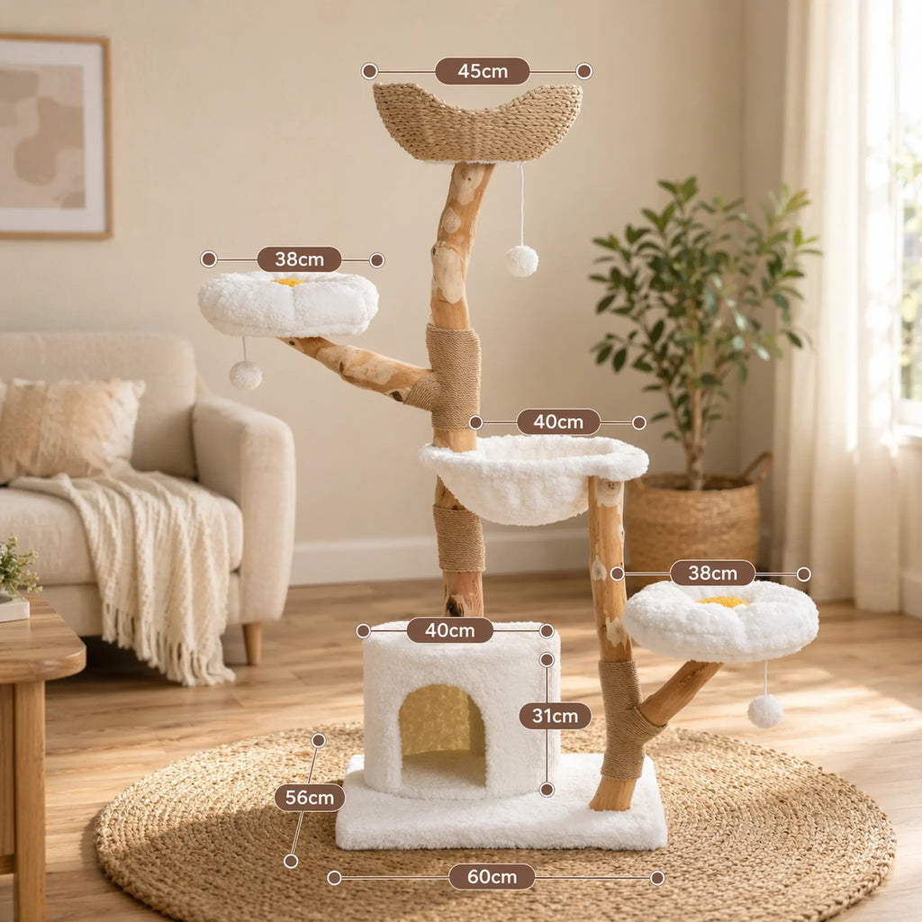 Arbre à Chat en Bois Flotté 150 cm – Design Luxe, Stable & Multiniveaux pour 5 Chats