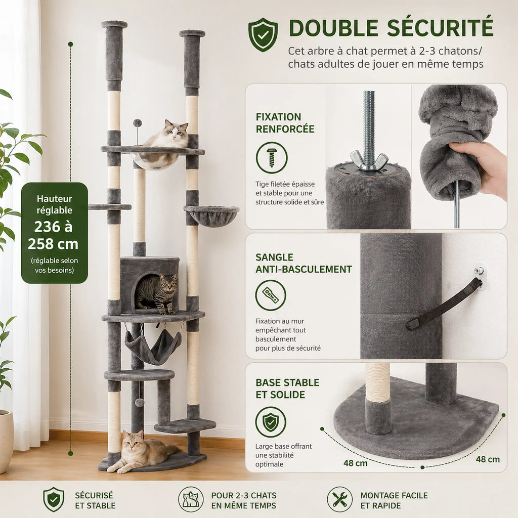 Arbre à Chat au Plafond Réglable XXL – Multiniveaux Stable avec Hamac, Niche, Perchoirs et Griffoirs Sisal
