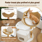 Arbre à Chat Bois Naturel 3 Niveaux – Design Moderne avec Panier Rotin, Niche Confort et Griffoirs