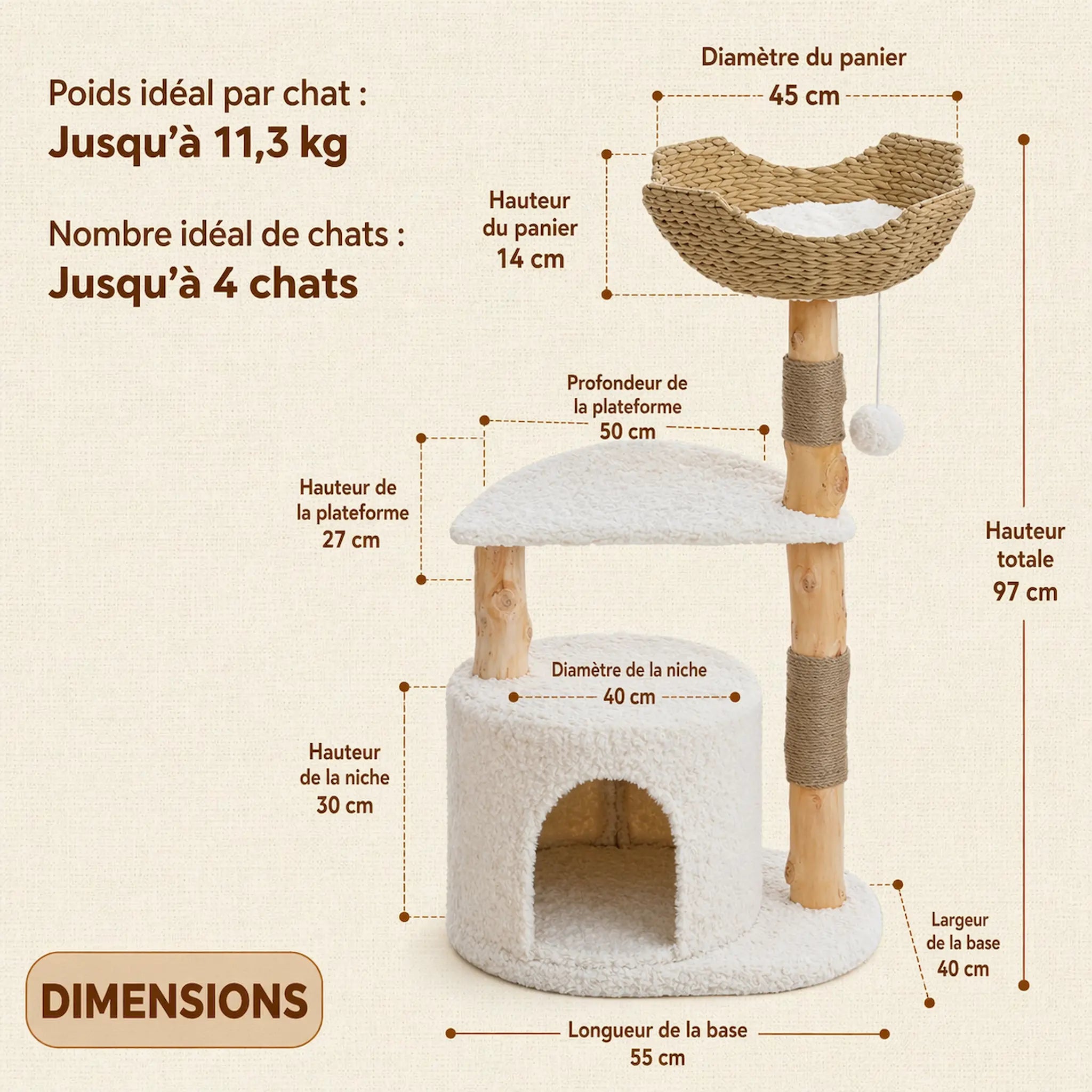 Arbre à Chat Bois Naturel 3 Niveaux – Design Moderne avec Panier Rotin, Niche Confort et Griffoirs