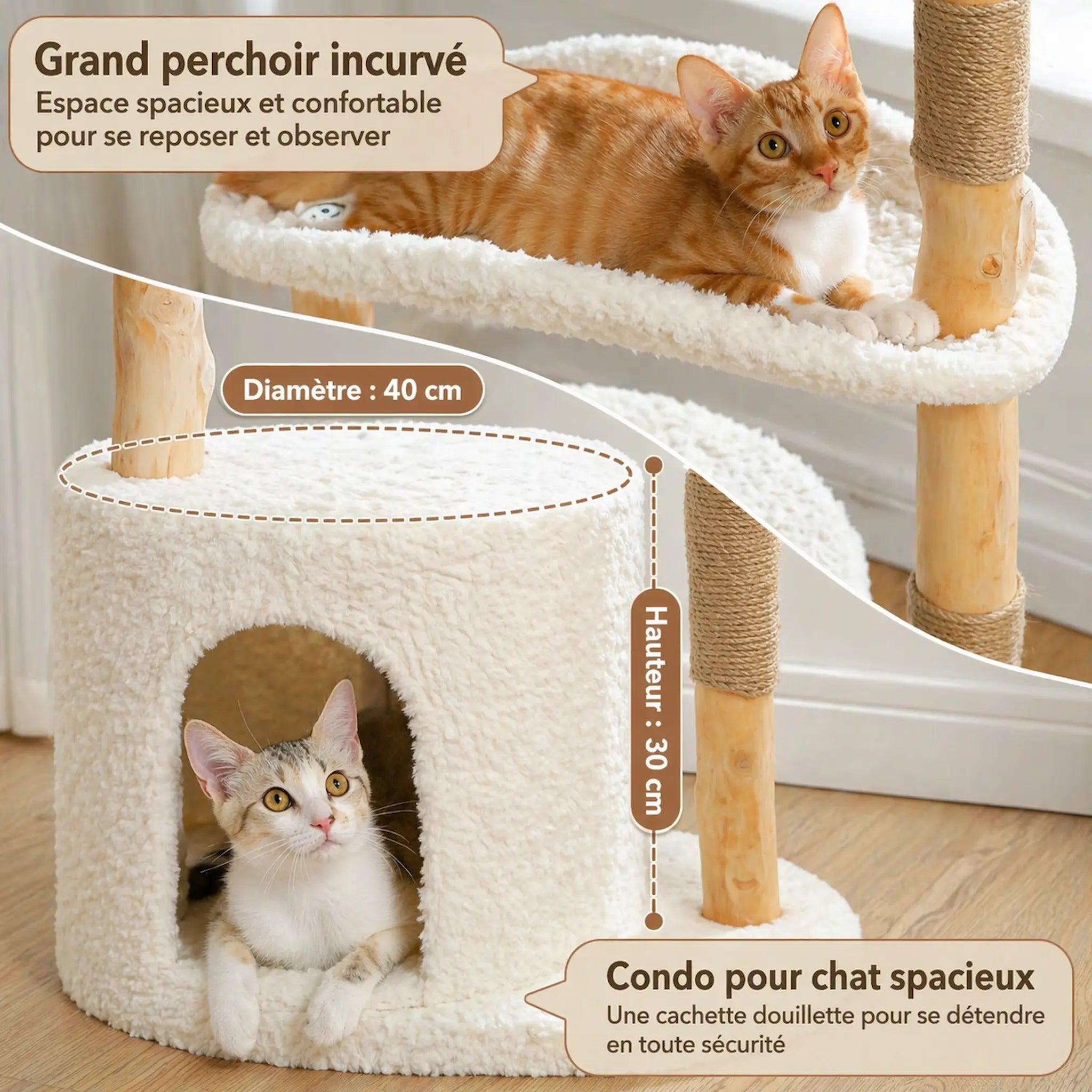 Arbre à Chat Bois Naturel 3 Niveaux – Design Moderne avec Panier Rotin, Niche Confort et Griffoirs