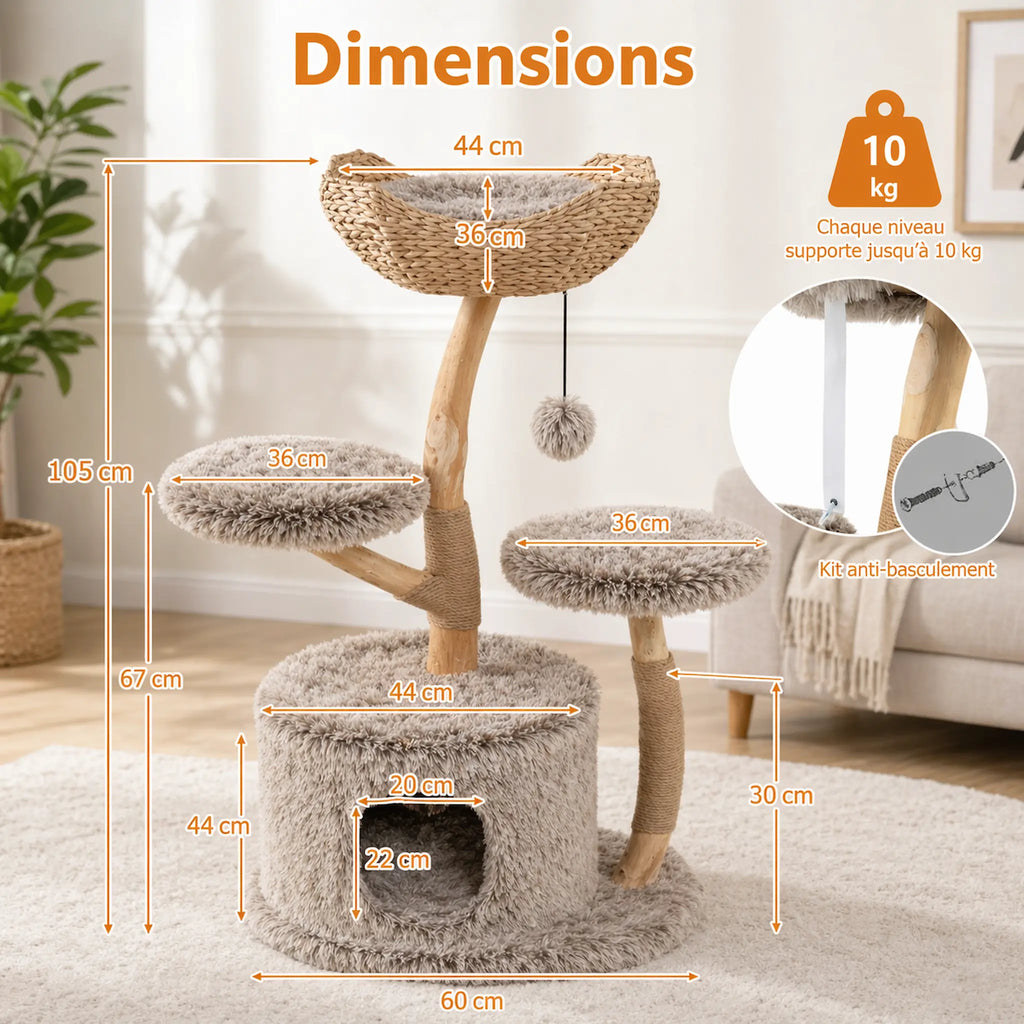 Arbre à Chat Branche Bois 105 cm – Design Tronc Naturel, Stable 2 Niveaux avec Griffoirs et Plateformes