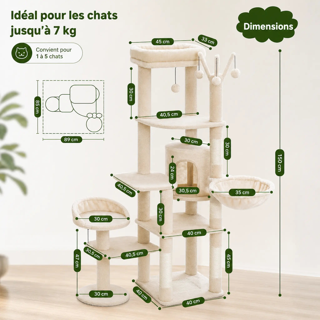 Arbre à Chat Cactus XXL 150 cm Stable – 5 Niveaux avec Hamac & Niche – Multi-Chats