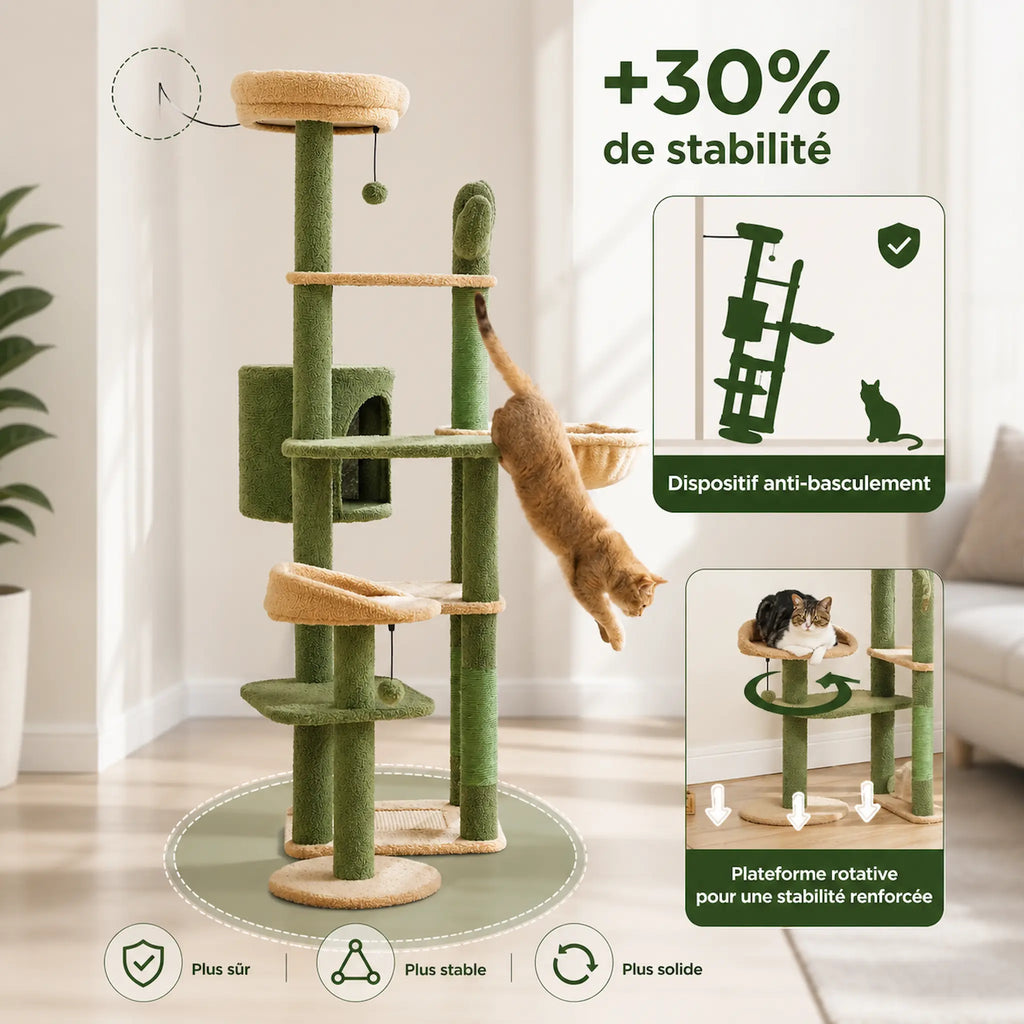 Arbre à Chat Cactus XXL 150 cm Stable – 5 Niveaux avec Hamac & Niche – Multi-Chats