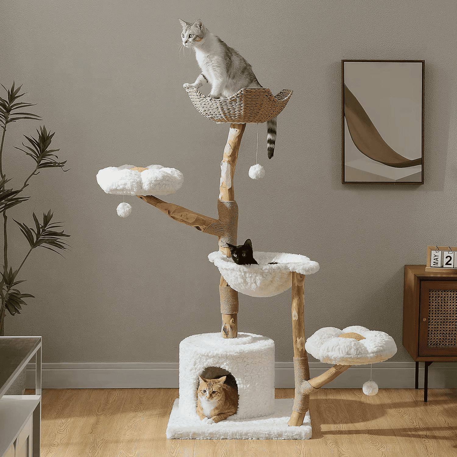 Arbre à Chat Design Bois 150 cm Multiniveaux – Panier Rotin, Hamac & Griffoirs