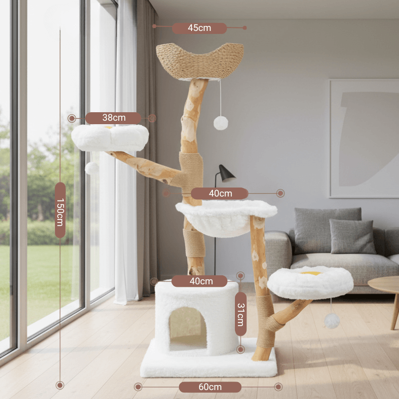 Arbre à Chat Design Bois 150 cm Multiniveaux – Panier Rotin, Hamac & Griffoirs