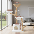 Arbre à Chat Design Bois 150 cm Multiniveaux – Panier Rotin, Hamac & Griffoirs