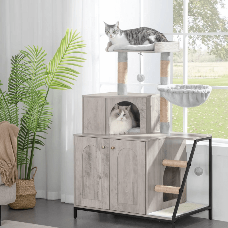 Meuble Cache-Litière Design – Maisonnette 3 Niveaux avec Hamac & Griffage Sisal