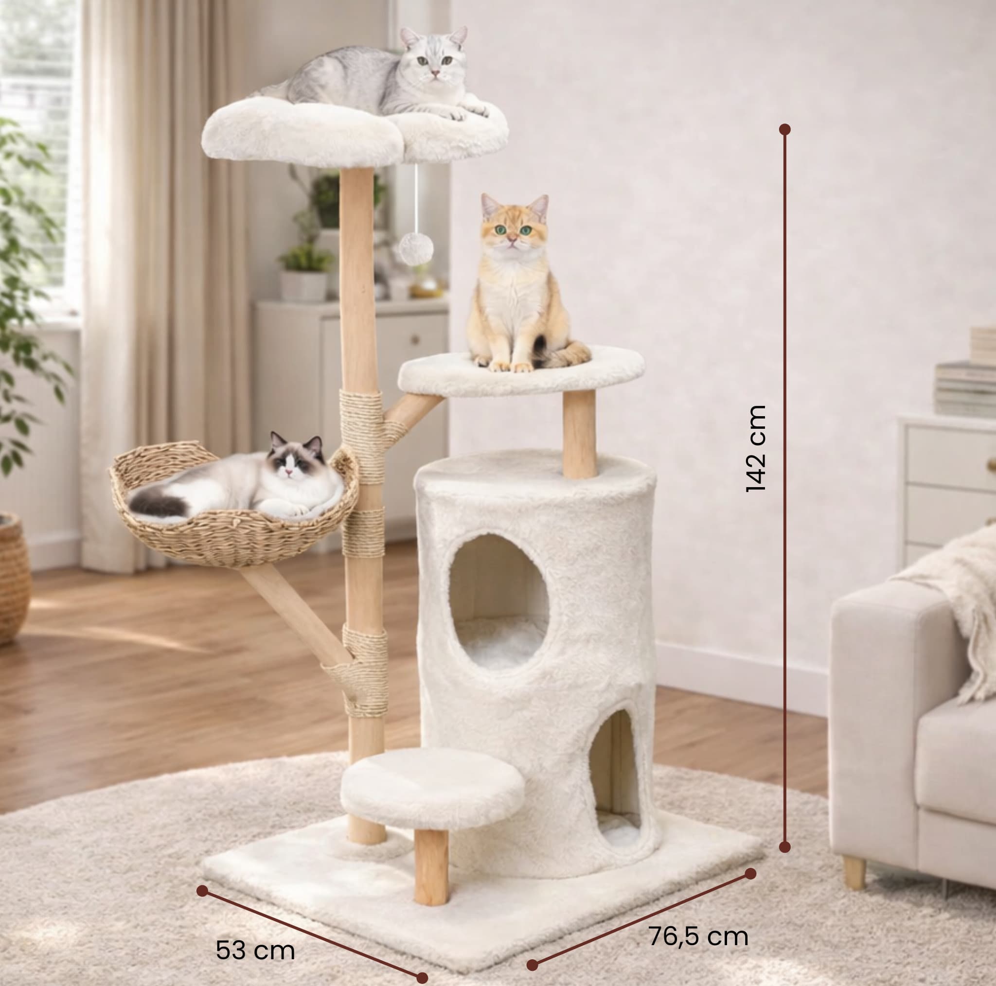 Arbre à Chat Design Luxe 142 cm – Bois Naturel, Stable Multiniveaux avec Niche, Perchoir et Griffoirs