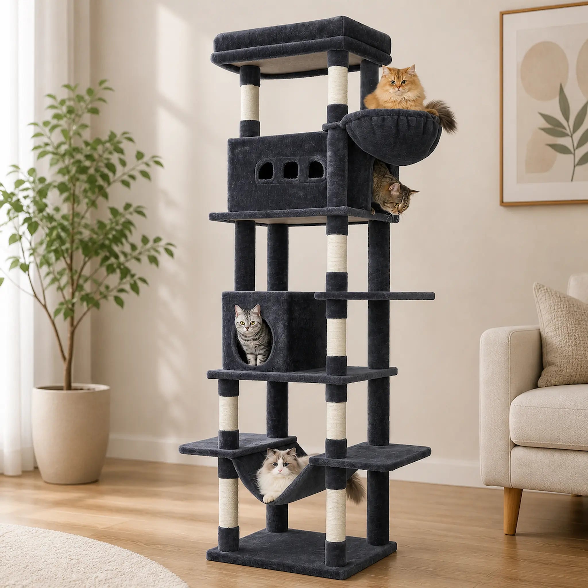 Arbre à Chat pour Adulte XXL 210 cm – Ultra Stable avec Grande Plateforme, Hamac, 2 Grottes et 8 Griffoirs