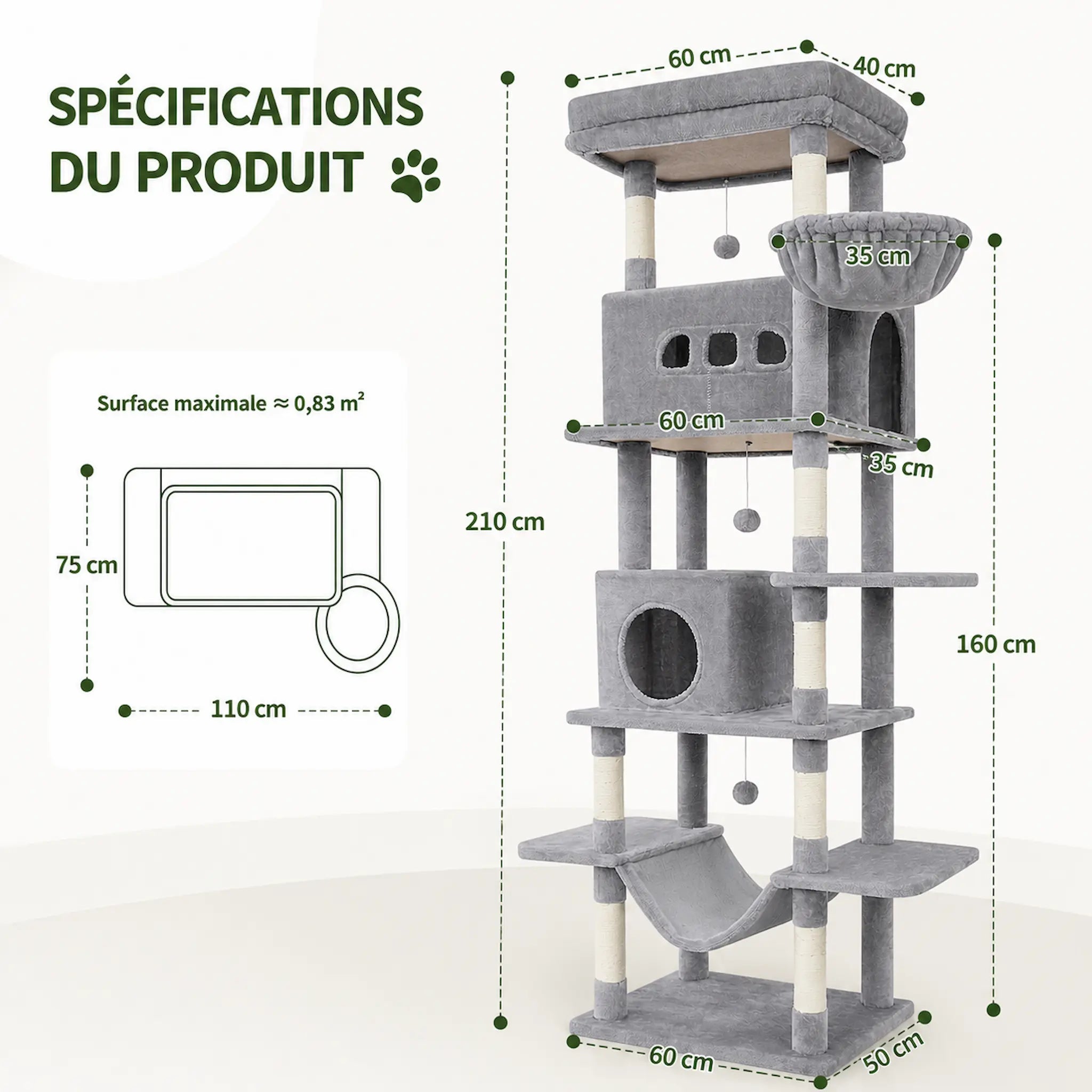 Arbre à Chat pour Adulte XXL 210 cm – Ultra Stable avec Grande Plateforme, Hamac, 2 Grottes et 8 Griffoirs