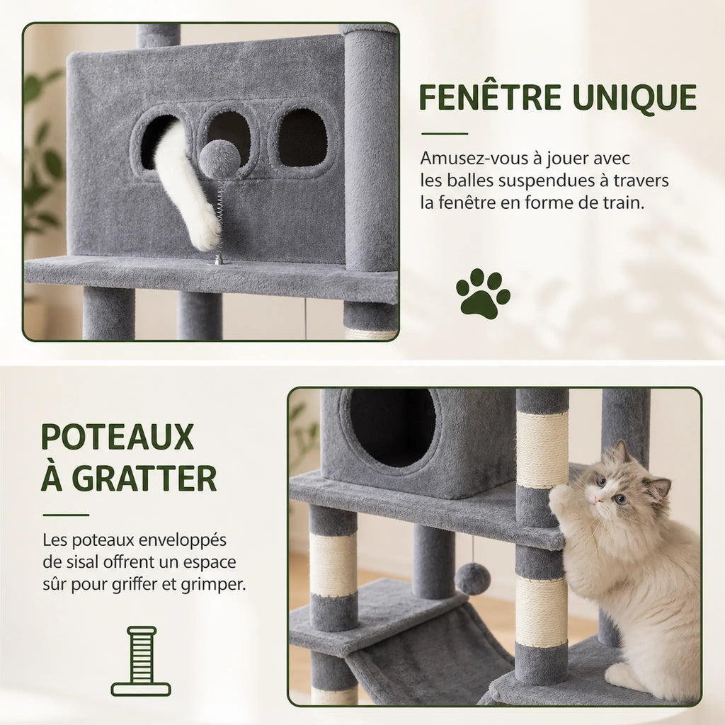Arbre à Chat pour Adulte XXL 210 cm – Ultra Stable avec Grande Plateforme, Hamac, 2 Grottes et 8 Griffoirs