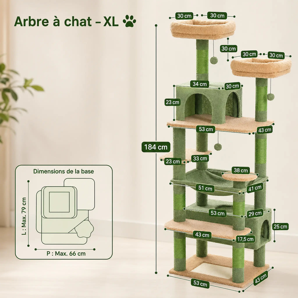 Arbre à Chat Géant XXL 184 cm – Tour 8 Niveaux Stable avec Hamac XL, Condos Spacieux et Griffoirs Sisal