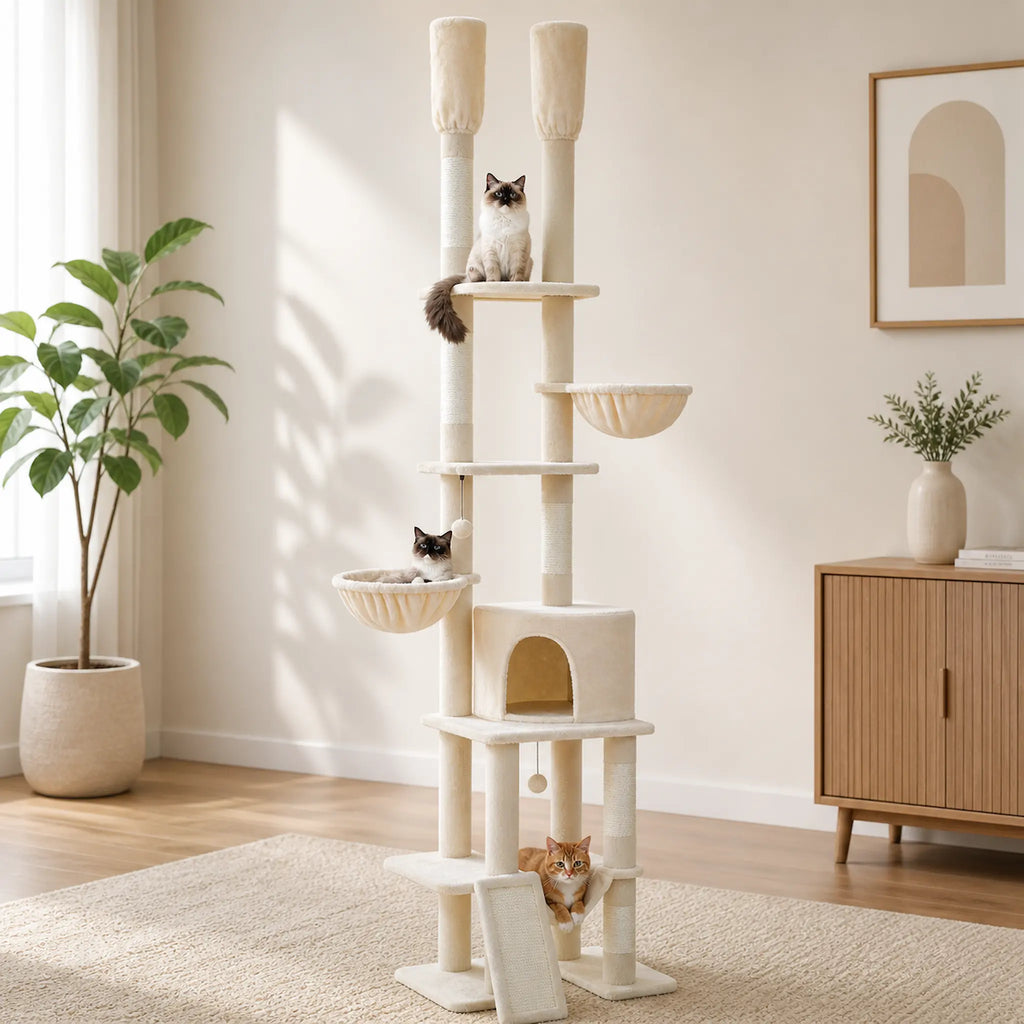 Arbre à Chat Grande Plateforme XXL 285 cm – Sol Plafond Réglable avec 5 Plateformes, Hamacs et Condos
