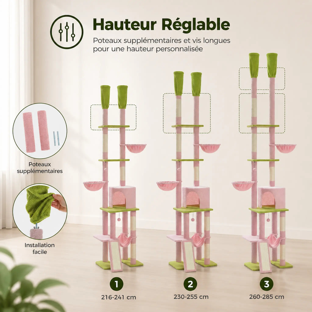 Arbre à Chat Grande Plateforme XXL 285 cm – Sol Plafond Réglable avec 5 Plateformes, Hamacs et Condos