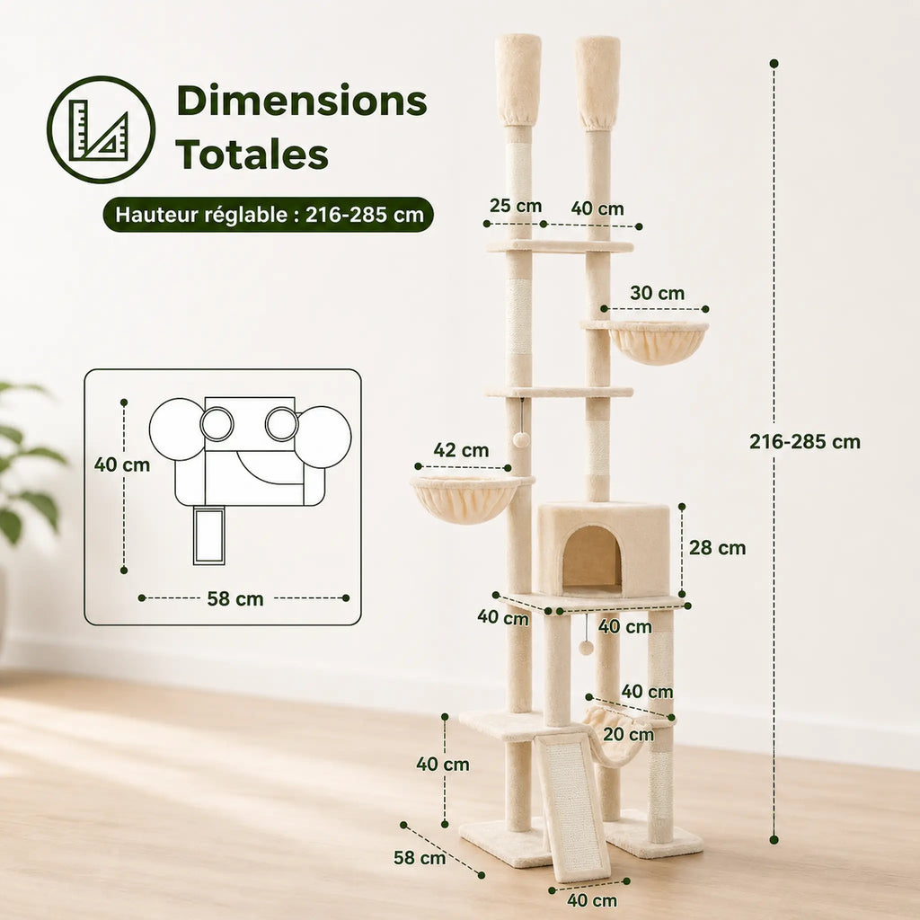 Arbre à Chat Grande Plateforme XXL 285 cm – Sol Plafond Réglable avec 5 Plateformes, Hamacs et Condos