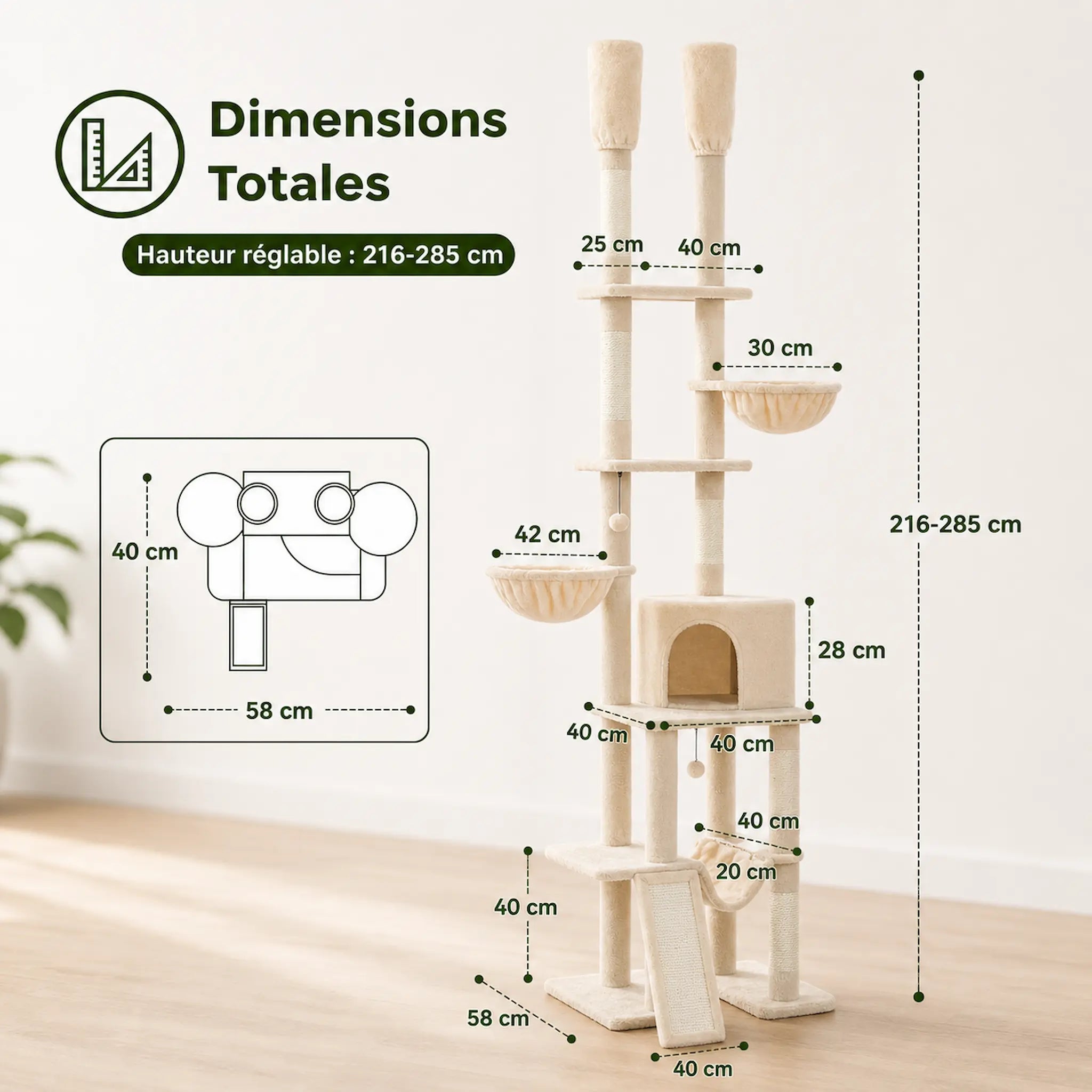 Arbre à Chat Grande Plateforme XXL 285 cm – Sol Plafond Réglable avec 5 Plateformes, Hamacs et Condos