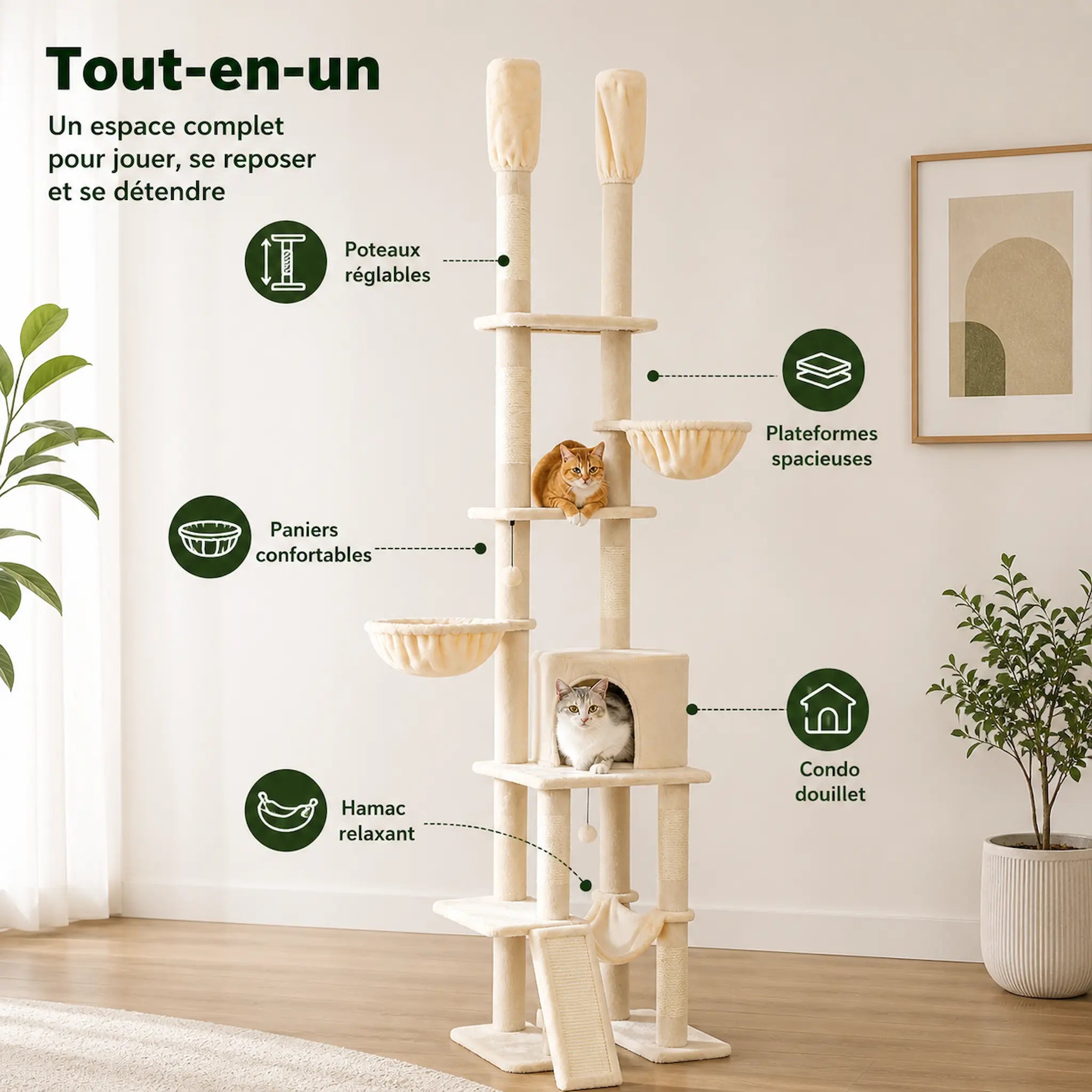 Arbre à Chat Grande Plateforme XXL 285 cm – Sol Plafond Réglable avec 5 Plateformes, Hamacs et Condos