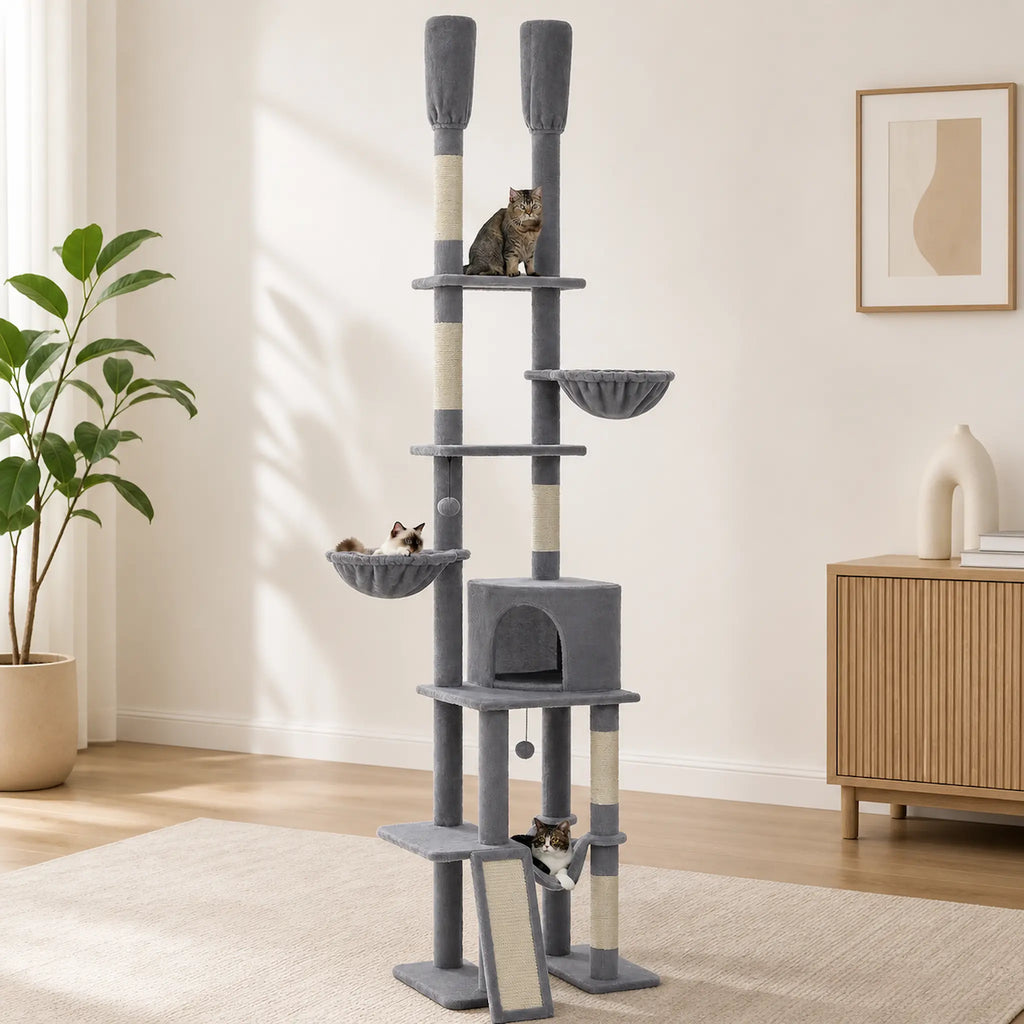 Arbre à Chat Grande Plateforme XXL 285 cm – Sol Plafond Réglable avec 5 Plateformes, Hamacs et Condos
