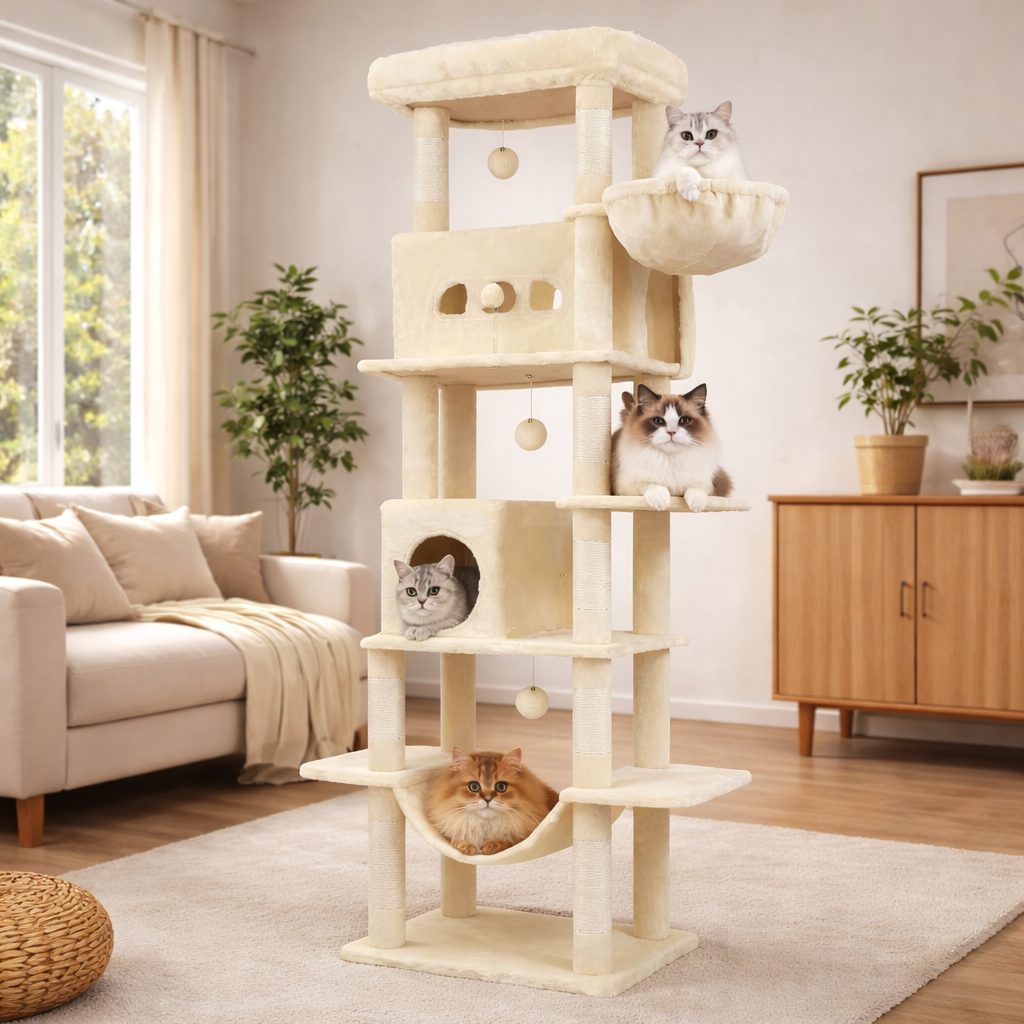 Arbre à Chat pour Adulte XXL 210 cm – Ultra Stable avec Grande Plateforme, Hamac, 2 Grottes et 8 Griffoirs